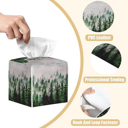 Watercolor Leather Tissue Box Holder Foggy Forest Tissue Box Cover Facial Paper Case Organizer Cube Napkin Dispenser for Bathroom Vanity Countertop Night Stand Office Car