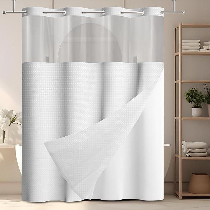 GICDSU No Hook Shower Curtain with Snap in Liner, Waffle Shower Curtain Set for Bathroom, Hotel Style with Semi-Sheer Top Window, Waterproof & Washable, Light Grey, 59" W x 75" L