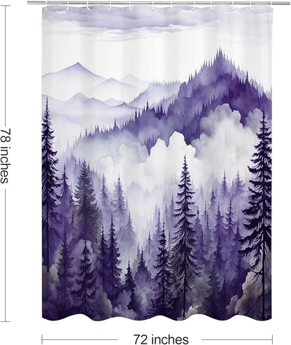 Litabel Purple Long Misty Pine Forest Shower Curtain 72 x 78, Mountain Foggy Woodland Scenery Tree 78 Inch Long Shower Curtains for Bathroom, Abstract Waterproof Nature-Themed Decor
