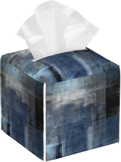 Blue and Brown Art Painting Tissue Box Cover,Abstract Boho Art Waterproof Leather Square Tissue Box Cover Case Facial Paper Organizer Dispenser Box Holder for Home Office Bathroom Vanity Countertop