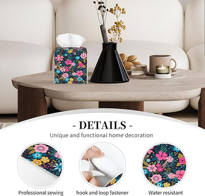 POIUBLE Tissue Box Holder Colorful Flowers Tissue Box Cover Square Leather Tissue Holder Organizer Portable Decorative Facial Paper Case for Home Office Bathroom Vanity Countertop