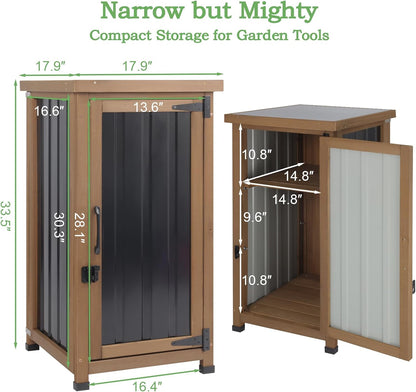 Small Outdoor Storage Cabinet Waterproof with Metal Top, Wood & Metal Outside Potting Bench Table Tool Organizer with Adjustable Shelf for Patio Backyard Garden
