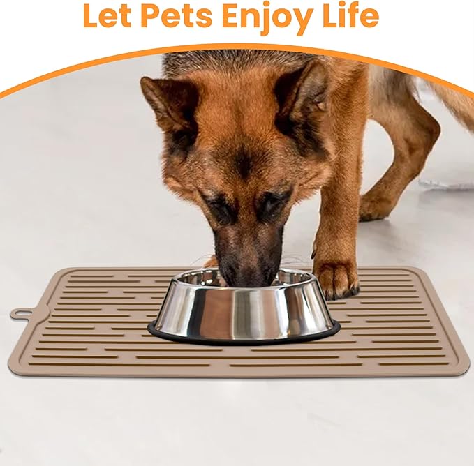 Ptlom Pet Placemat for Dog and Cat, Anti-Slip Waterproof Dogs Feeding Mat Prevent Food and Water Overflow, Bowl Mats Suitable for Medium and Small Pets, Taupe, Silicone
