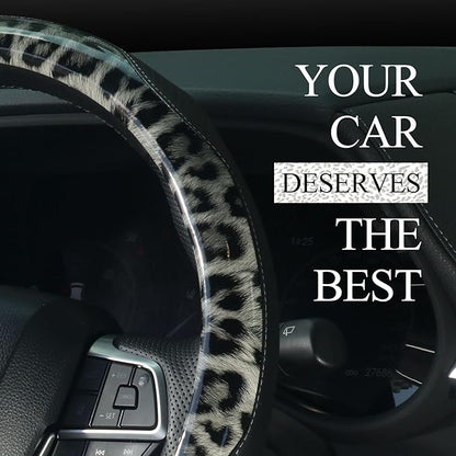 KAFEEK Leopard Print Steering Wheel Cover 15 inch, Microfiber Leather Cheetah Pattern for Women Girls, Non-Slip Rubber Inner, All-Season Comfort, Black