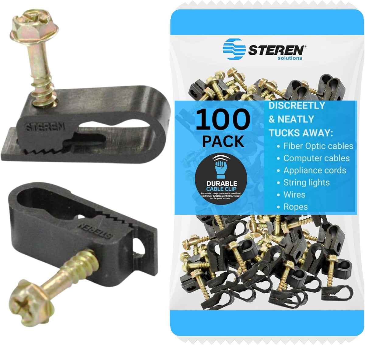 STEREN Coaxial Cable Clips - Cable Holder - Siding Clips for Hanging - Cord Holder for Desk - Cable Clamps - Cord Clip - Wire Organizer Clips - Tv Mount Screws (Black, 100 Count - Dual Screw)