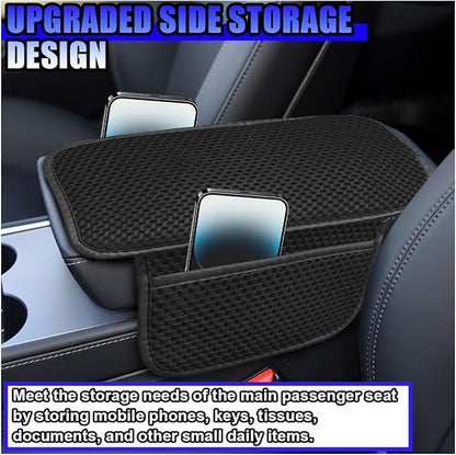 Car Center Console Cover, Cooling Auto Armrest Cushion Pad with 2 Storage Bags, Breathable Elbow Pillow Middle Console Protector, Universal Vehicle Interior Accessories (Black)