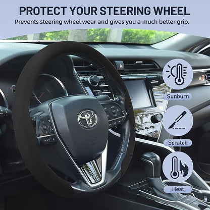Suede Steering Wheel Cover, Universal 15 Inch Car Steering Wheel Cover, Non-Slip Design,Breathable,Car Interior Accessories Black