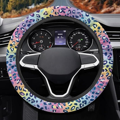 Universal Non-Slip Steering Wheel Cover, 15-inch Polyester Material Driving Accessories, Adjustable for Car and Truck(Dreamy Color Leopard)