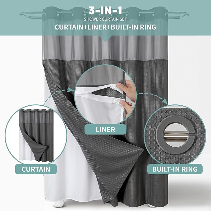 eachope Charcoal Grey No Hook Waffle Weave Shower Curtain with snap-in Liner Replacement, 230GSM Waterproof Fabric Hotel Shower Curtain Set for Bathroom, Through Mesh Top Window,71Wx74H