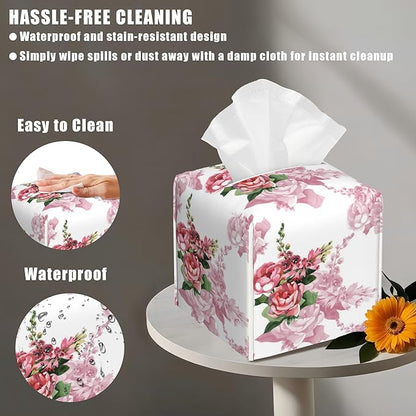 Leather Tissue Box Holder Watercolor Pink Rose Flower Tissue Box Cover Facial Paper Case Organizer Cube Napkin Dispenser for Bathroom Vanity Countertop Night Stand Office Car