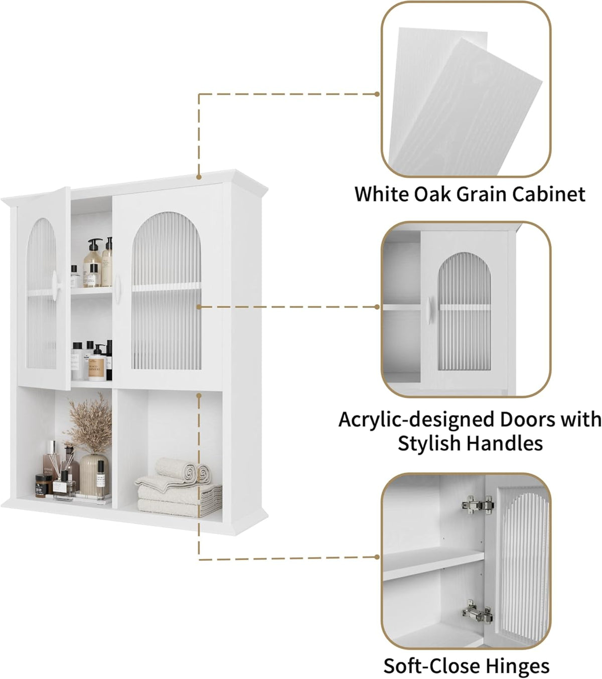 CJL Bathroom Wall Cabinet with Fluted Door, 23.6'' x 29.5'' Medicine Cabinet, Over The Toilet Storage Cabinet, White