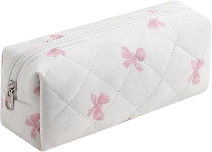 WHHJM Cute Floral Makeup Brush Bag Small Cotton Quilted Cosmetic Bag for Women Travel Toiletry Zipper Make Up Pouch (Pink Small Bowknot)