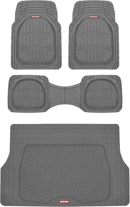Motor Trend FlexTough 4-Piece Heavy Duty Floor Mats for Cars Trucks SUVs, Automotive Floor Mats Car Mats Full Set Front, Rear & Cargo, Trim-To-Fit Semi-Custom Deep Dish All Weather Rubber Mats - Gray