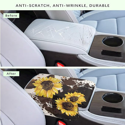 Wanyint Sunflower Brown Cow Print Auto Center Console Cover Non-Slip Armrest Cover Cushion Protector Wear-Resistant Arm Rest Cushion Protective Cover Universal Fit for Car Seat Organizer