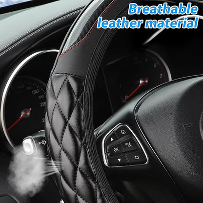 Carbon Fiber Car Steering Wheel Cover, Leather Breathable Non-Slip 14.5-15 Inch Vehicle Steering Wheel Protector, Auto Interior Protection Accessories, Universal for SUV Sedan Truck(Black)