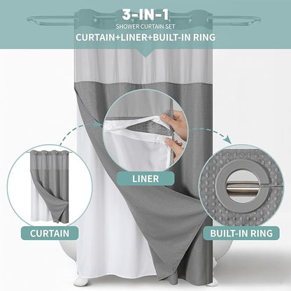 eachope Grey No Hook Waffle Weave Shower Curtain with snap-in Liner Replacement, 230GSM Waterproof Fabric Hotel Shower Curtain Set for Bathroom, Through Mesh Top Window,54Wx74H