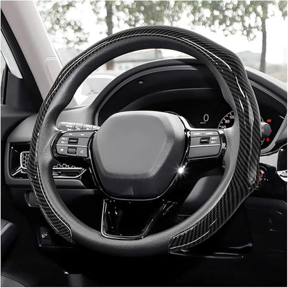Sun Walker Carbon Fiber Car Steering Wheel Cover, 15" Anti-Slip Wear-Resistant Steering Wheel Protector Stylish Interior Decor, Ultra-Thin Comfortable Leather Wheel Cover for Women Men (Black)