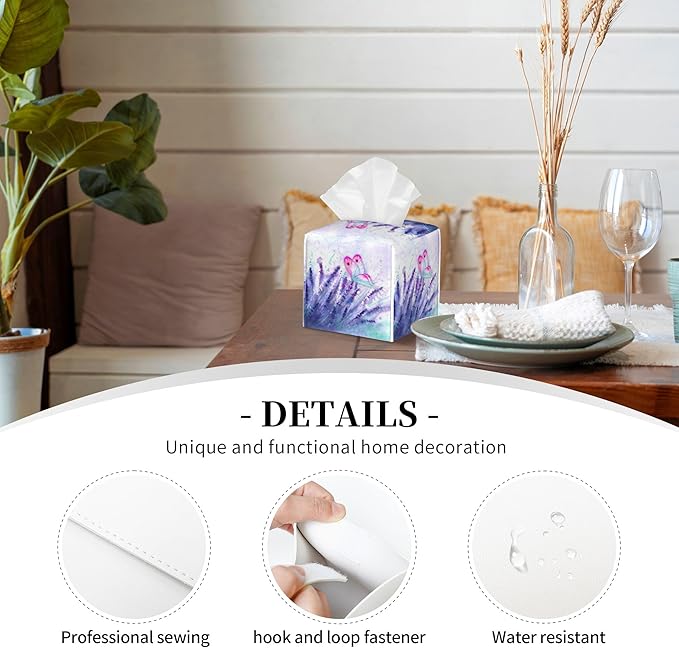 Purple Lavender and Butterfly Tissue Box Cover Square,Watercolor Lavender Flowers Tissue Box Holder Waterproof Leather Facial Paper Organizer Dispenser for Bathroom Home Car Nightstand Vanity Desk