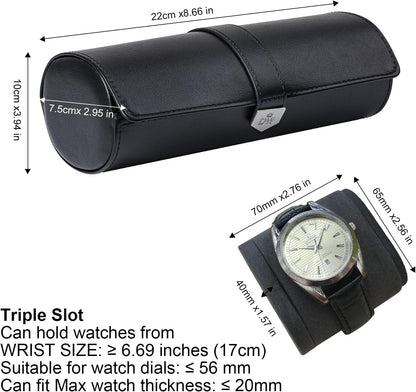 DUKWIN Watch Roll for 3 Watches,Vegan Leather Travel Watch Case Organizer with Removable Pillows for Men and Women,Display Case for Watches Collection and Gift for Anniversary Birthday(Black Storage)