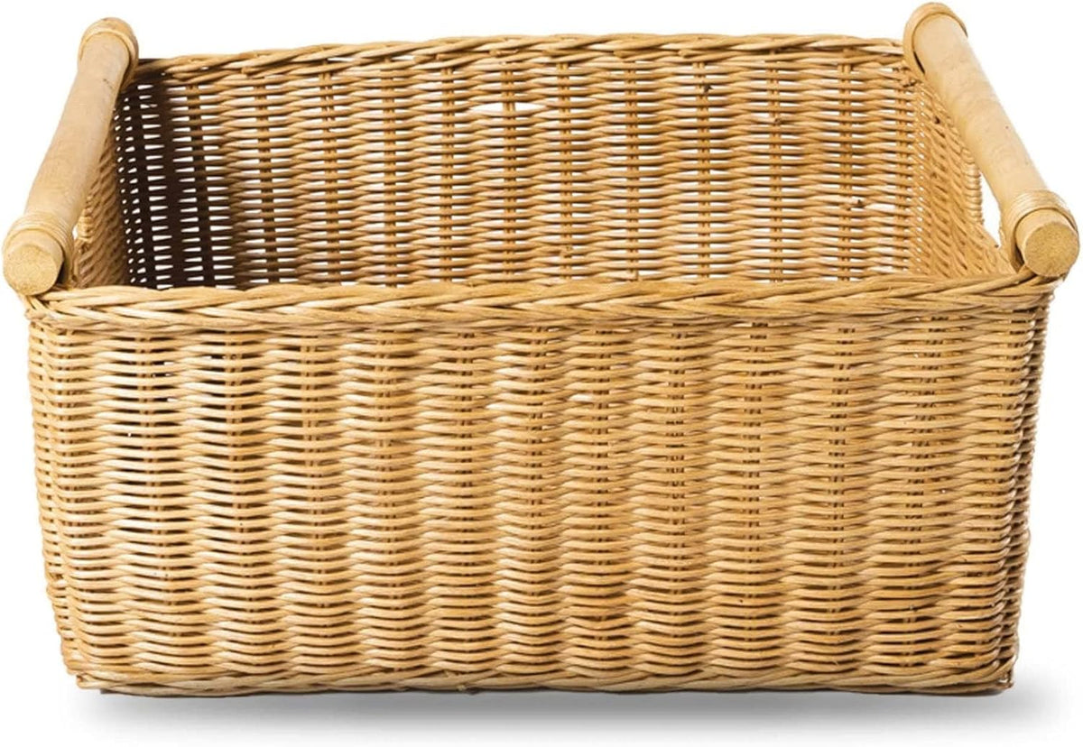 The Basket Lady Pole Handle Wicker Storage Basket, Large, 18 in L x 14.5 in W x 9 in H, Sandstone