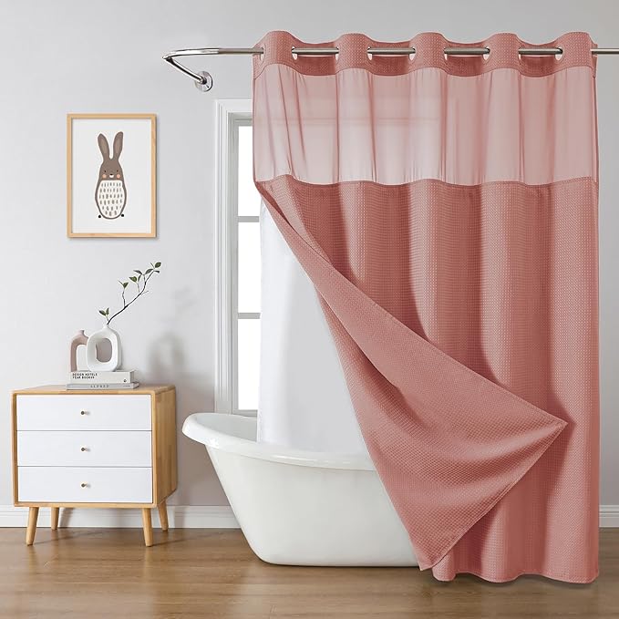 eachope Coral No Hook Waffle Weave Shower Curtain with snap-in Liner Replacement, 230GSM Waterproof Fabric Hotel Shower Curtain Set for Bathroom, Through Mesh Top Window,71Wx86H