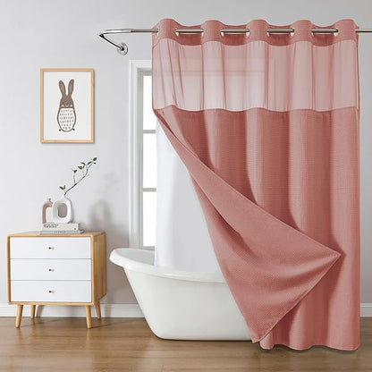 eachope Coral No Hook Waffle Weave Shower Curtain with snap-in Liner Replacement, 230GSM Waterproof Fabric Hotel Shower Curtain Set for Bathroom, Through Mesh Top Window,71Wx74H