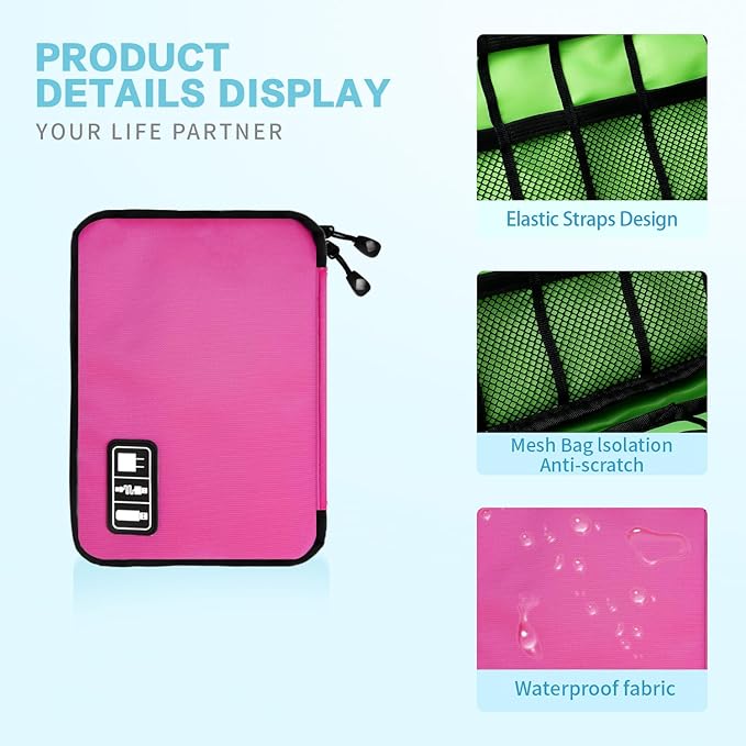 Electronics Travel Organizer,Portable Waterproof Electronic Travel Storage Bag for Small Charging Cord Storage,Charger,SD Card etc,for Travel,Business-Rose Red