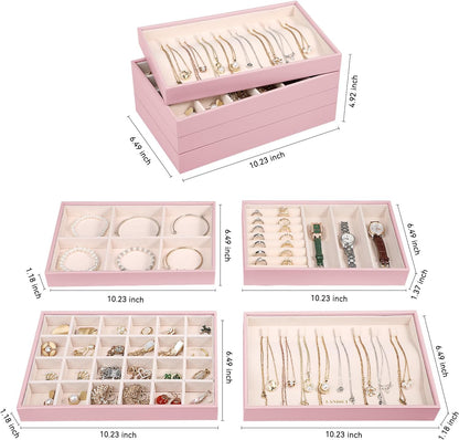 LANDICI Stackable Jewelry Organizer Trays 4 Set,PU Leather Jewelry Organizer Drawer,Jewelry Storage Display Tray for Earring Necklace Rings Bracelet with Removable Dividers,Rose Gold
