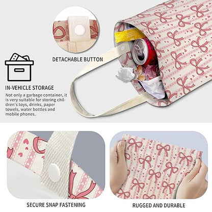 Cute Car Trash Can, Hanging Canvas Car Back Seat Organizer and Storage Bag, Funny Car Trash Bag For Travelling, Outdoor Cute Pink Bow Knot