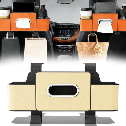 Car Organizers and Storage Box Behind Seat, 2026 New Car Headrest Organizer Back Seat with Drink Cup Holder Tissue Box for Hold Phone, Snacks, Drinks, Handbag (Beige)