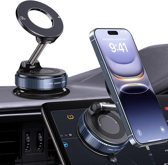 360° Rotatable Vacuum Magnetic Phone Holder, Foldable and Retractable Suction Cup Car Phone Mount for Car/Gym/Mirror/Smooth Surface, Compatible with iPhone Android and All Smartphones (Black)