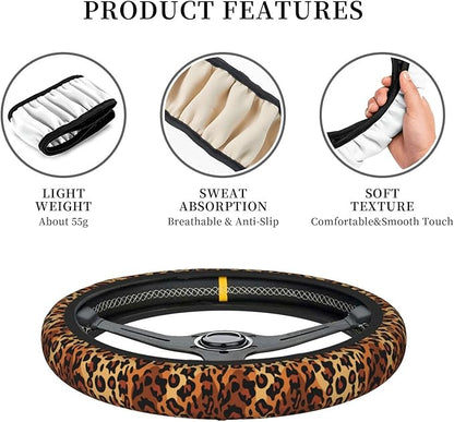 Leopard Print Steering Wheel Cover Women Men Elastic Stretch Soft Car Wheel Protector Universal Breathable No-Slip Car Accessories for Truck Van SUV Auto Fit 14-15 Inches