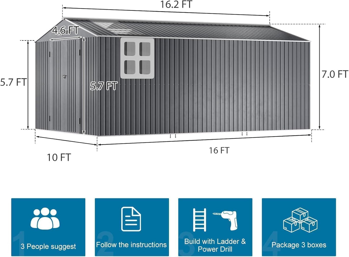 Restland 10x16 FT Outdoor Storage Shed with Floor Base Frame Reinforced Metal Shed with Clear Roof, Air Vent & Lockable Door Large Garden Tool Storage Sheds for Backyard, Garden, Lawn