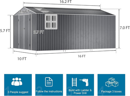 Restland 10x16 FT Outdoor Storage Shed with Floor Base Frame Reinforced Metal Shed with Clear Roof, Air Vent & Lockable Door Large Garden Tool Storage Sheds for Backyard, Garden, Lawn