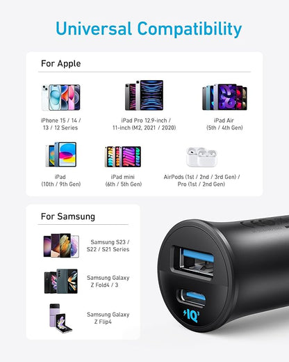 Anker USB-C Car Charger, 30W 2-Port Type-C Car Adapter, iPhone Car Charger with Power IQ 3.0, for iPhone 17/16/15/14/13 Series, Samsung Galaxy S25/S24/S23/S22/S21 Series, iPad Pro, AirPods, and More