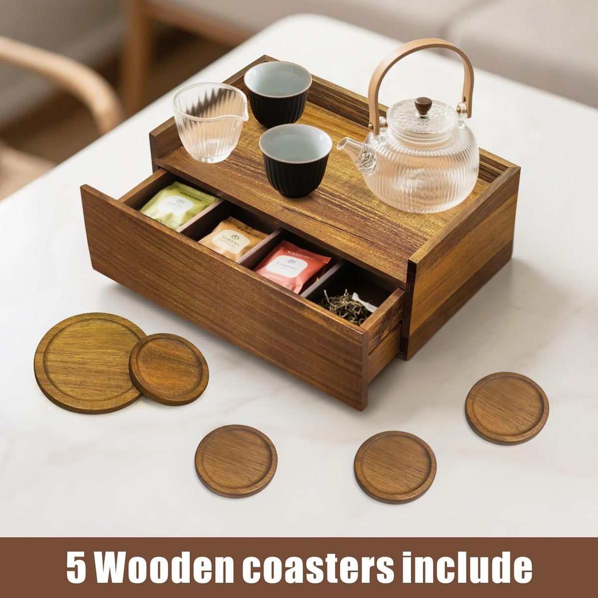 Idefair Acacia Wood Tea Box Organizer Storage Box with 5 Wooden Coasters, Tea Bags Organizer Chest Storage with Drawer, Tea Bag Box for Coffee Teabgs Countertop Display