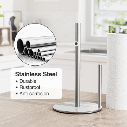 Paper Towel Holder Silver, Premium Stainless Steel Kitchen Roll Dispenser, Countertop Roll Organizer with Weighted Base