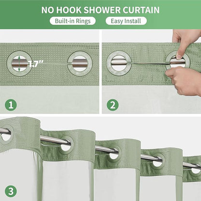 eachope Stall No Hook Shower Curtain with Snap-in Fabric Liner Set,Waffle Weave Shower Curtains for Bathroom,Hotel Luxury Decor Bathroom Curtain Set,Waterproof & Washable,Sage Green,54Wx80H
