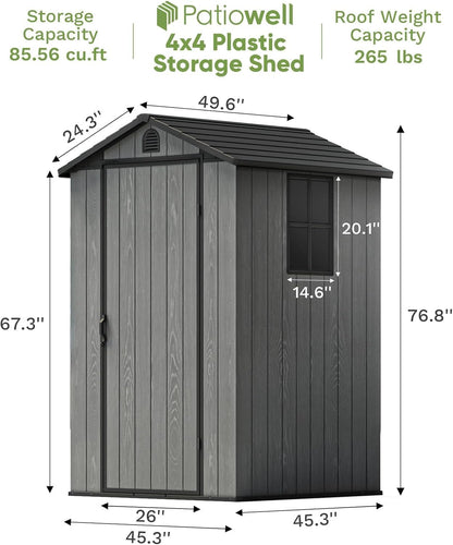 Patiowell 4 x 4 FT Plastic Outdoor Storage Shed with Floor, Garden Tool Shed with Two Windows and Single Lockable Door for Garden, Backyard, Lawn, Easy to Install, Dark Grey(Fit-it Shed)