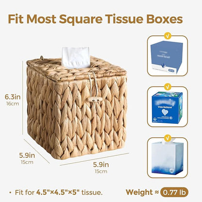 KALEKAIL Rattan Tissue Box Cover with Lid, Wicker Tissue Box Holder Square, Boho Decorative Woven Water Hyacinth Cube Tissue Holders for Bathroom
