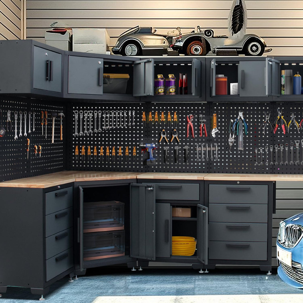 15-Piece Corner Garage Storage Cabinet System - Heavy Duty Workshop Set w/Corner Cabinet Includes Workbench, Pegboard & Lockable Drawers | Metal Tool Organization System for Garage/Workshop