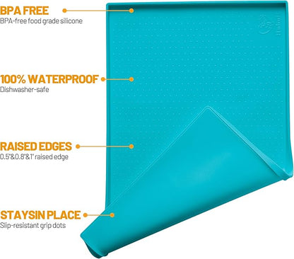 Hubulk Dog Feeding Mat,100% Waterproof Food Grade Silicone Pet Food and Water Bowl Placemat,Dishwasher, High Raised Edge to Prevent Spills,Nonslip Tray to Stop Messes on Floor (24"x16"x0.5", Teal)
