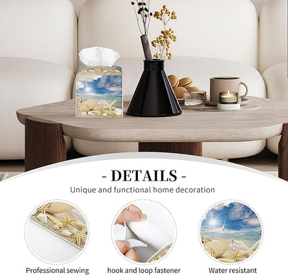 POIUBLE Seashells and Starfish on Beach Tissue Box Cover Leather Tissue Box Holder Square Facial Paper Organizer Dispenser for Bathroom Kitchen Bedroom Vanity Countertop Night Stands