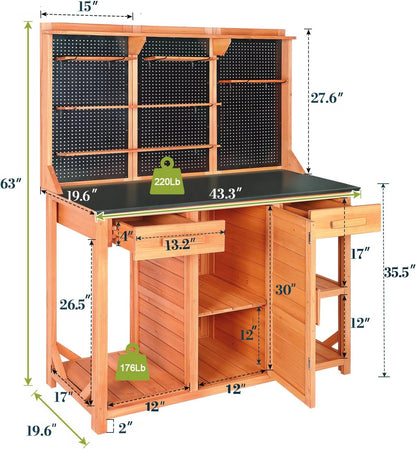 Outdoor Potting Bench,Wooden Potting Table with Metal Tabletop,Garden Work Bench with Drawer and Free Matching Storage Cabinet Shelf/Hooks for Backyard,Patio,Greenhouse (Black, 44 * 20 * 63in)