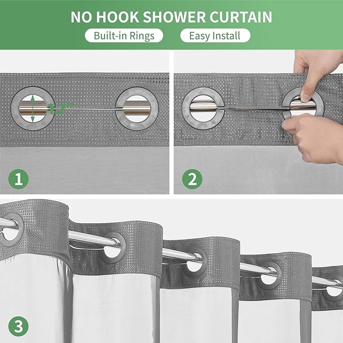 eachope Extra Long No Hook Shower Curtain with Snap-in Fabric Liner Set,Grey Waffle Weave Shower Curtains for Bathroom,Hotel Luxury Decor Bathroom Curtain Set,Waterproof & Washable,71Wx86H