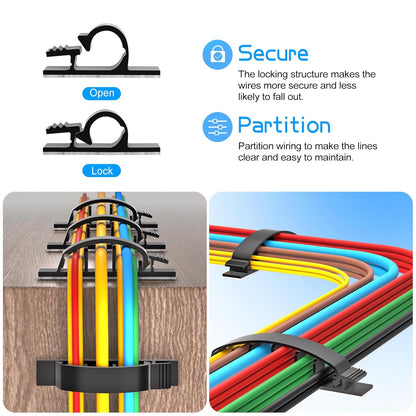 XHF 30pcs Adhesive Cable Wire Clips Kit Black, Outdoor Cable Management Wire Organizer Cord Holder for Under Desk, Car, Wall, TV PC Ethernet Cable