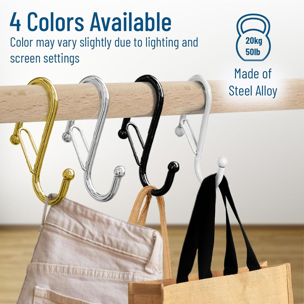 10-Pack Metal S Hooks for Hanging – Heavy-Duty S-Shaped Hooks with Safety Buckle – Fits Bars up to 0.6 in – Anti-Drop Hooks for Kitchen, Pot Racks & Towel Bars – White (Small)