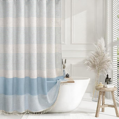XOGUIBO Aqua Blue Shower Curtain Linen Coastal Ocean Striped Shower Curtains for Bathroom with Tassel 72 X 72