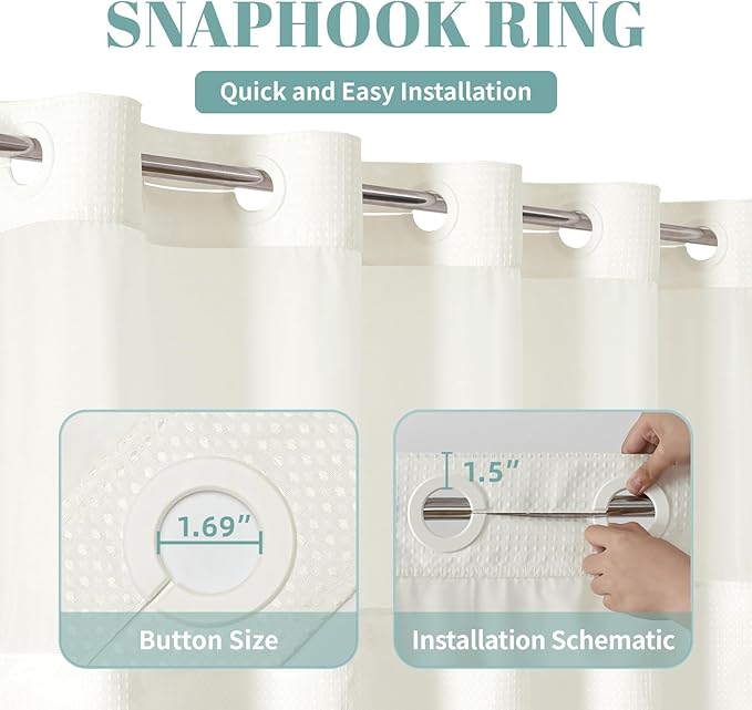 eachope Stall Cream No Hook Waffle Weave Shower Curtain with snap-in Liner Replacement, 230GSM Waterproof Fabric Hotel Shower Curtain Set for Bathroom, Through Mesh Top Window,54Wx80H