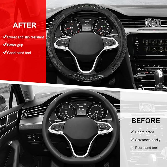 Carbon Fiber Steering Wheel Cover, Non-Slip Leather Steering Wheel Protector with 3D Honeycomb Design, Comfy Grip Breathable Sporty Auto Wheel Wrap for Most Cars Trucks SUVs (Black)